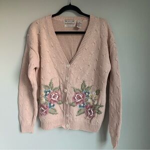 Vintage Ashley Hand Knitted Baby Pink Floral Cable Knit Grandma Cardigan